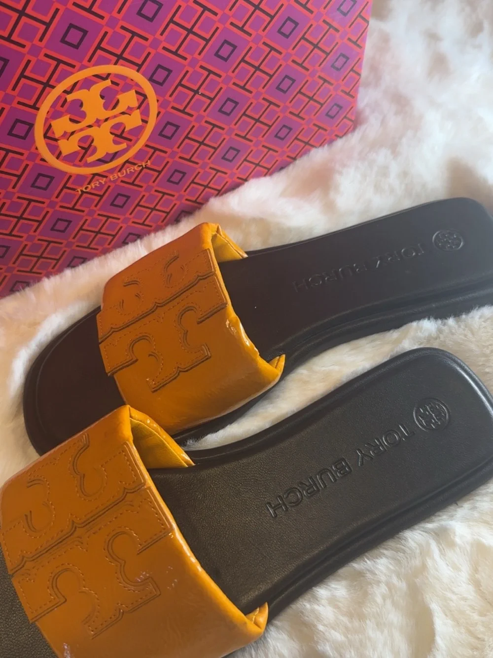 Tory Burch Orange Patent Logo Slide Sandals